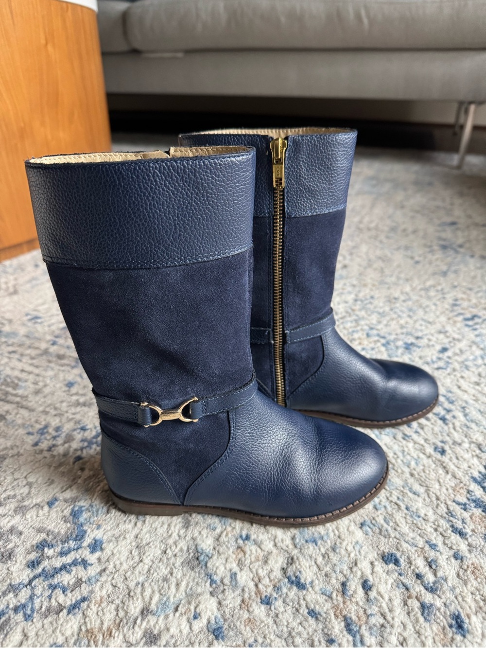Janie and Jack Navy Mid-Calf Leather & Suede Zip Riding Boot with Buckle